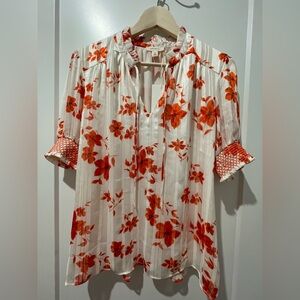 Elegant Floral White Blouse with Orange Accents